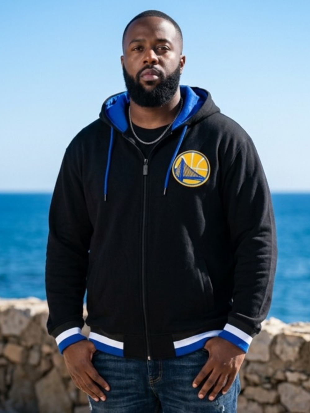 Y2K UNK NBA Golden State Warriors Full-Zip Black Hoodie, Blue Lined Hood 3XL